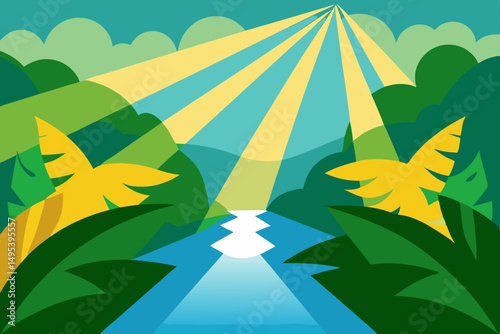 sun rays filtering through jungle leaves to a rive.svg