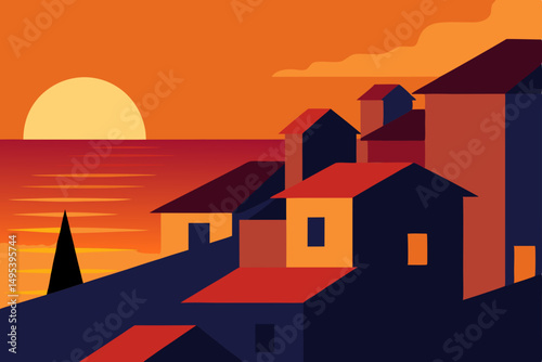 sunset glow on terracotta rooftops in a coastal 