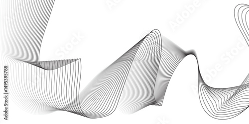 abstract background featuring a smooth, flowing wave made of thin black lines on a white background.The wave should have a three-dimensional appearance with gentle gradients and curves, giving a sense