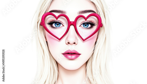 Closeup portrait of a woman with chic heartshaped glasses, fashionable eyewear statement