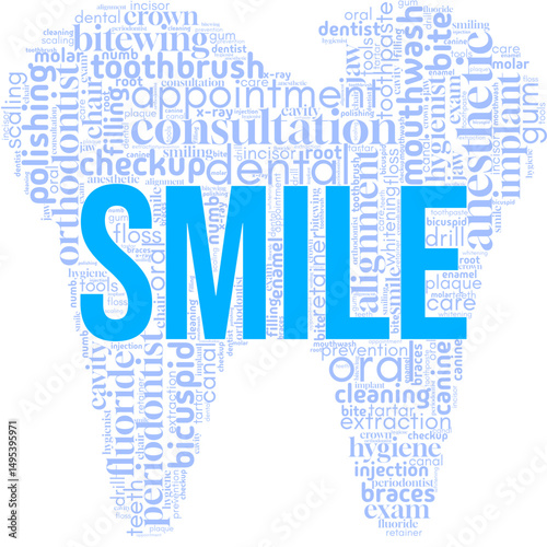 Smile word cloud with dental health, hygiene, and oral care terms arranged in a tooth shape. Ideal for dental clinics, health brochures, wellness visuals, and hygiene campaigns