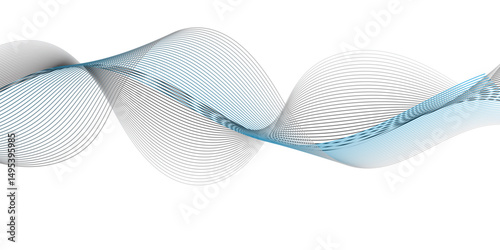 Create an abstract digital artwork featuring a flowing ribbon-like wave with smooth gradients of blue and gray tones. The wave should have a 3D illusion with soft shadows and a sense of motion, 