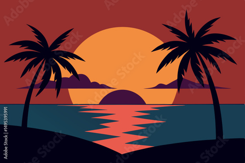 sunset through palm trees over a quiet cove  .svg