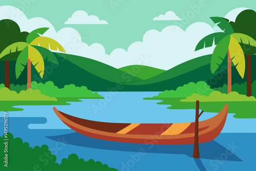 traditional canoe floating beside a jungle riverba.svg