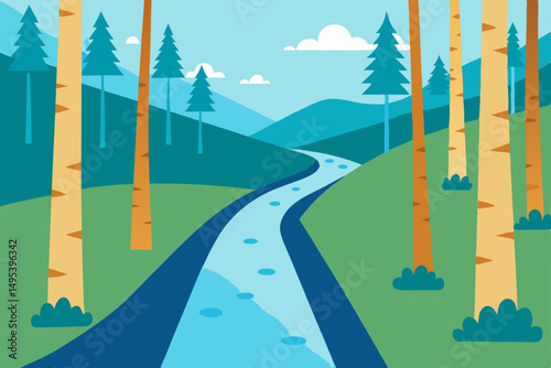 tranquil stream running through a birch forest  .svg