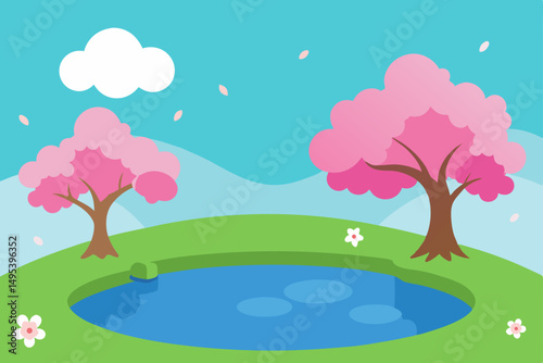 tranquil pond surrounded by cherry blossoms in 