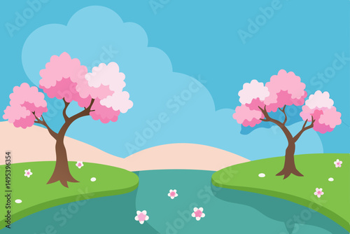 tranquil pond surrounded by cherry blossoms 