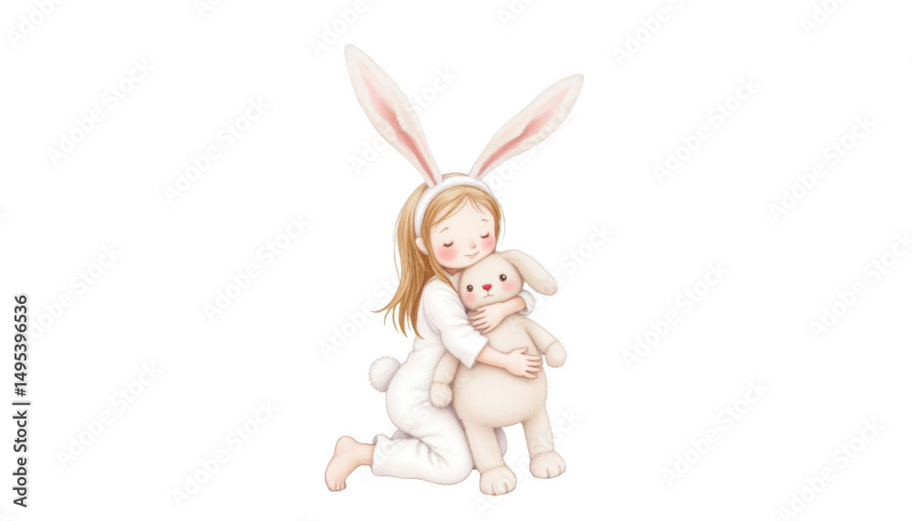 Obraz premium Adorable little girl cradles a fluffy bunny, heartwarming portrait of childhood innocence and gentle love