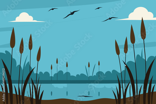 tranquil wetland with reeds and birds flying overh.svg
