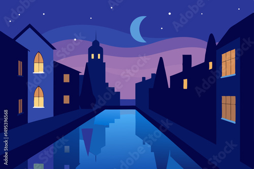 twilight on a quiet canal in a historic town 