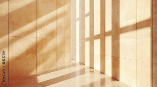 Fototapeta Naklejka Na Ścianę i Meble -  Interior wall of a well lit modern building, with light plywood paneling and muted color palette, natural lighting, daylight, 3D Illustration