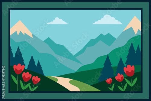 wide valley view framed by blooming alpine flowers.svg