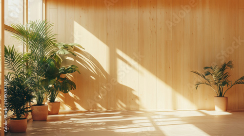 Fototapeta Naklejka Na Ścianę i Meble -  Interior wall of a well lit modern building, with light plywood paneling and muted color palette, natural lighting, daylight, 3D Illustration