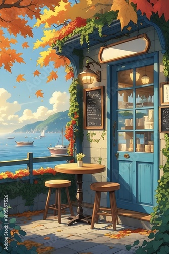 Cartoon anime style Seaside coffee cafe shop