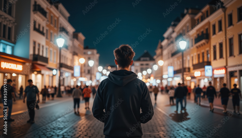 Person standing in lively city plaza at night, urban dynamics Person standing in lively city plaza at night, urban dynamics
