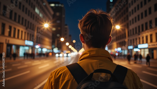 Contemplative individual walking on city street at night, urban exploration