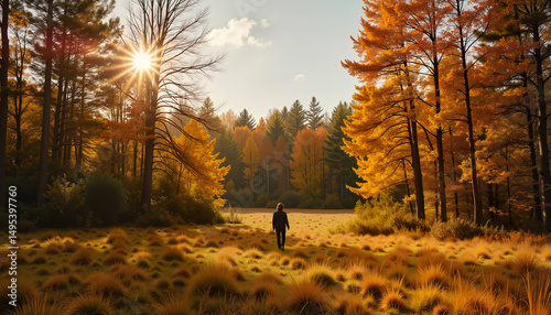 Person walking through autumn forest at sunset, nature's beauty