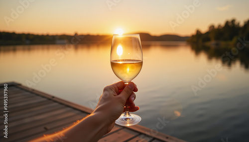 Person enjoying wine at lakeside dock during sunset, serene relaxation