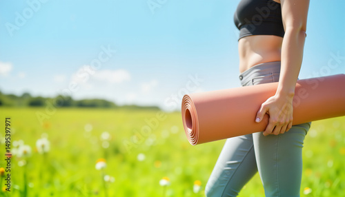 Person holding yoga mat in open field, promoting wellness lifestyle