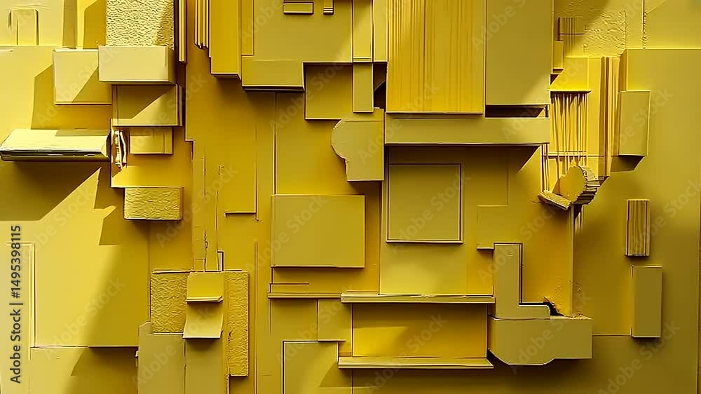 Abstract yellow geometric wall art featuring layered shapes and shadows, creating a vibrant backdrop