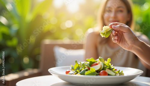 Person enjoying fresh salad on patio, healthy lifestyle choice