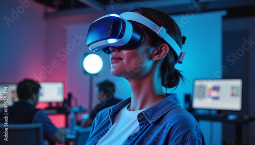 Woman experiencing virtual reality in modern tech lab, innovation