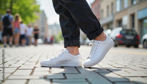Person wearing casual sneakers walking on urban street, street style