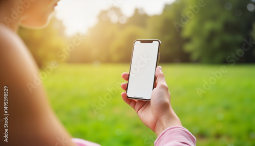 Person holding smartphone in serene park, digital connection