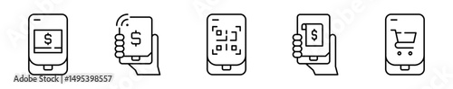Conjunto de iconos de pagos móviles. Tecnología financiera, compras digitales y transacciones rápidas. Tarjeta, transferencia, escaneo, factura, comercio. Ilustración vectorial