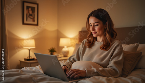 Focused woman working from home in cozy bedroom, remote productivity