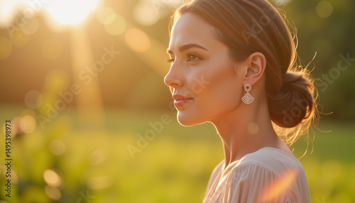 Serene woman enjoying golden hour in garden, beauty and grace