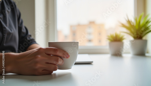 Person enjoying coffee in minimalist office, calm productivity