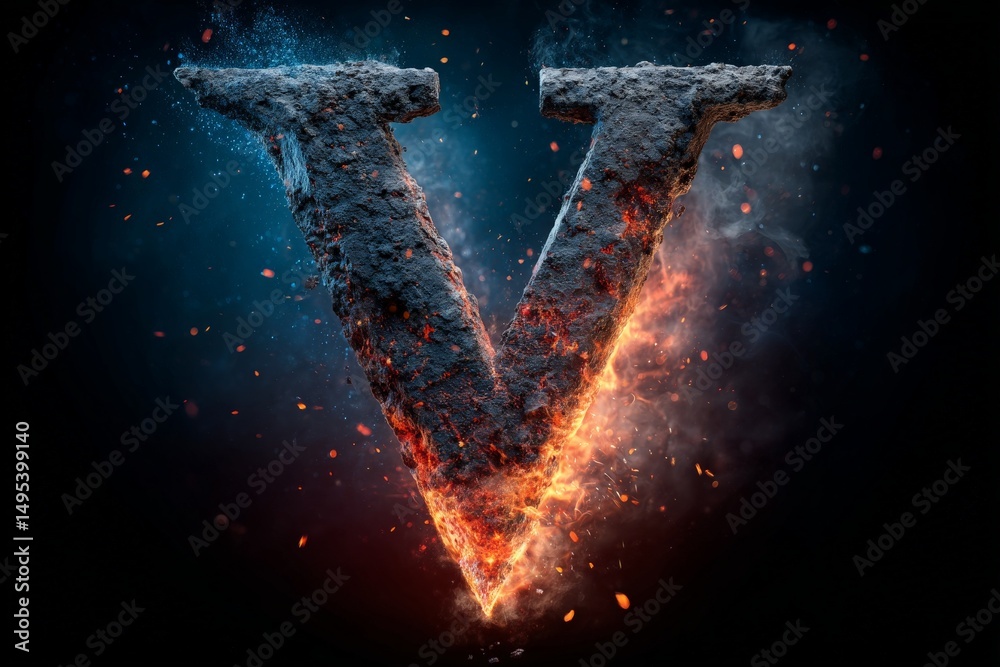 Obraz premium Bold letter V illuminated with fire and smoke creates a dramatic visual effect