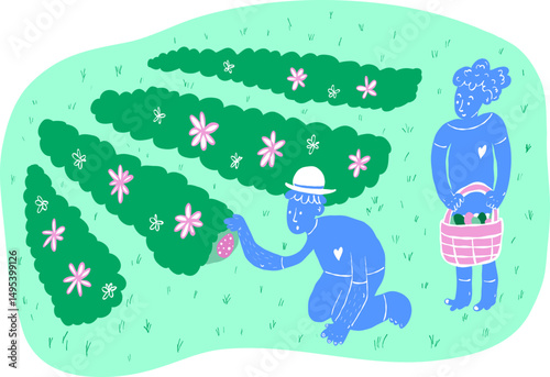 Vector illustration of two people on an Easter egg hunt