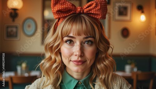 Quirky woman smiling in vintage café setting, nostalgic warmth
