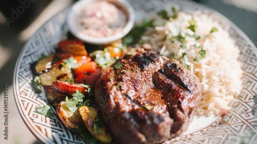 Richly spiced lamb kebab served with saffron rice, grilled vegetables, and garlic sauce on a traditional ceramic plate featuring geometric Arabic patterns