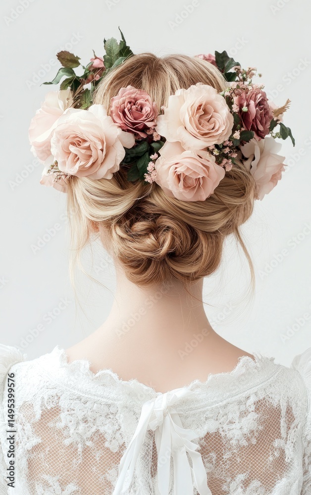 Naklejka premium Woman with a floral crown in her blonde hair, viewed from behind, wearing a white lace dress.