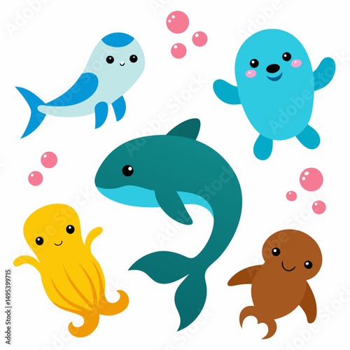 set of funny cartoon fishes