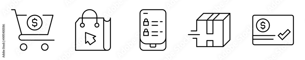 Conjunto de iconos de comercio electrónico. Compras online, pagos digitales y envíos rápidos. Carrito, compra, catálogo, entrega, aprobación. Ilustración vectorial