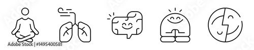 Conjunto de iconos de meditación. Respiración, calma mental y bienestar emocional. Meditar, respiración, mente positiva, concentración, equilibrio. Ilustración vectorial