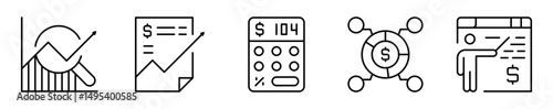 Conjunto de iconos de análisis financiero. Evaluación, crecimiento económico y educación en finanzas. Datos, informe, cálculo, distribución, enseñanza. Ilustración vectorial