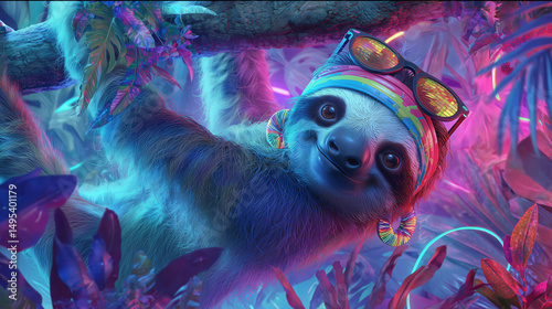 A stylish sloth adorned with bright accessories hangs upside down on a glowing branch among bold tropical plants in neon atmosphere