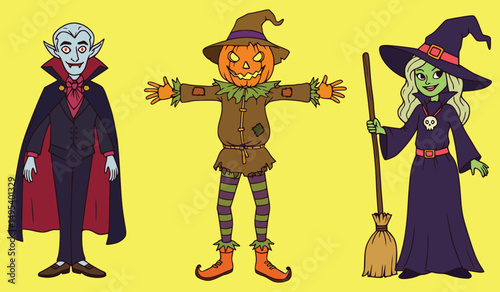 Cartoon illustration of classic halloween characters including a vampire, scarecrow, and witch standing side by side