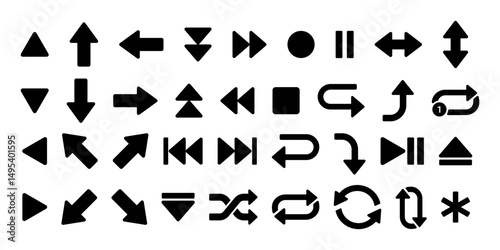 Set of Black Directional and Media Control Icons
