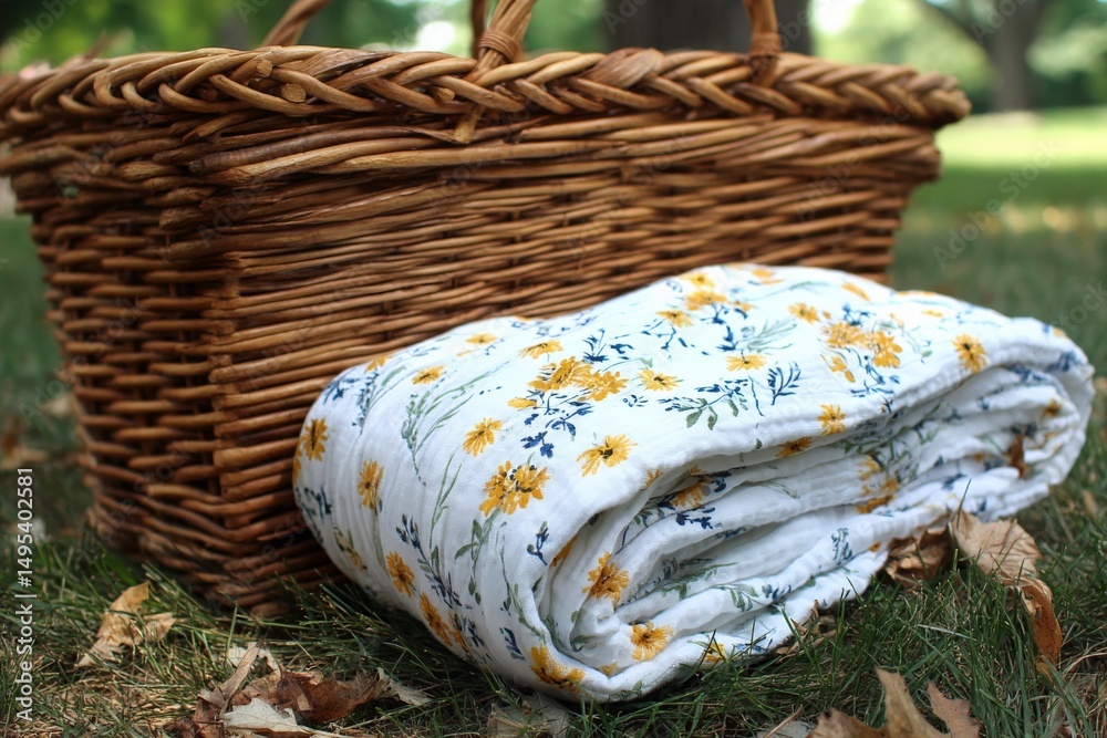Obraz premium Picnic basket and floral blanket on grass in a sunny park during a summer afternoon