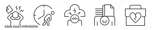 Conjunto de iconos de estrés laboral. Sobrecarga emocional, agotamiento y presión en el trabajo. Frustración, cansancio, ansiedad, exceso, desmotivación. Ilustración vectorial
