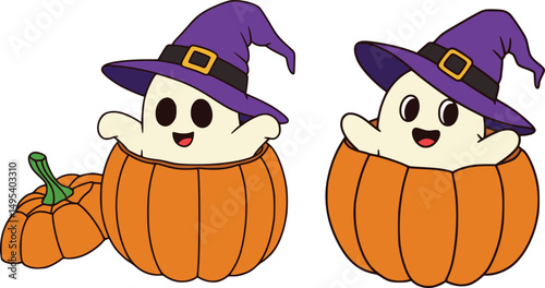 Pair of adorable cartoon ghosts wearing witch hats and emerging from carved jack-o'-lantern pumpkins for halloween design