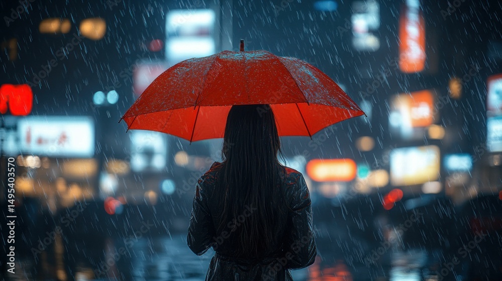 Obraz premium Rainy night city, woman with red umbrella