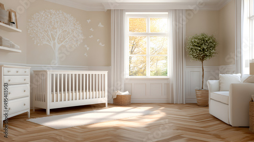 A soft corner of a nursery with pastel wall decals, white crib and light wood flooring, gentle sunlight spilling in from a high window 69579680 1