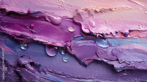 A close-up of thick paint in rich purple and gentle lavender flowing together with glistening textures and soft reflected light
